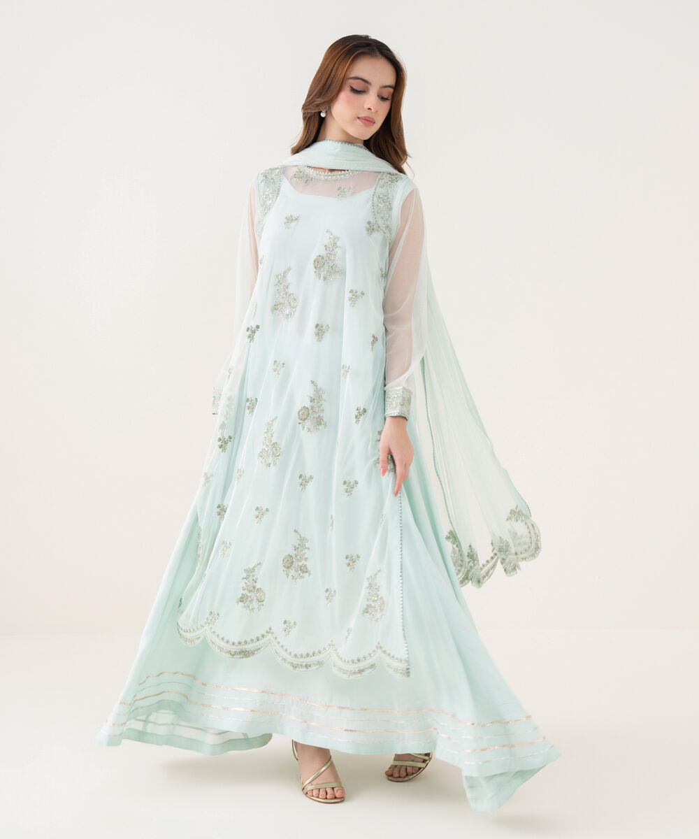 Women's RTW Blended Net Embroidered White 2 Piece Suit