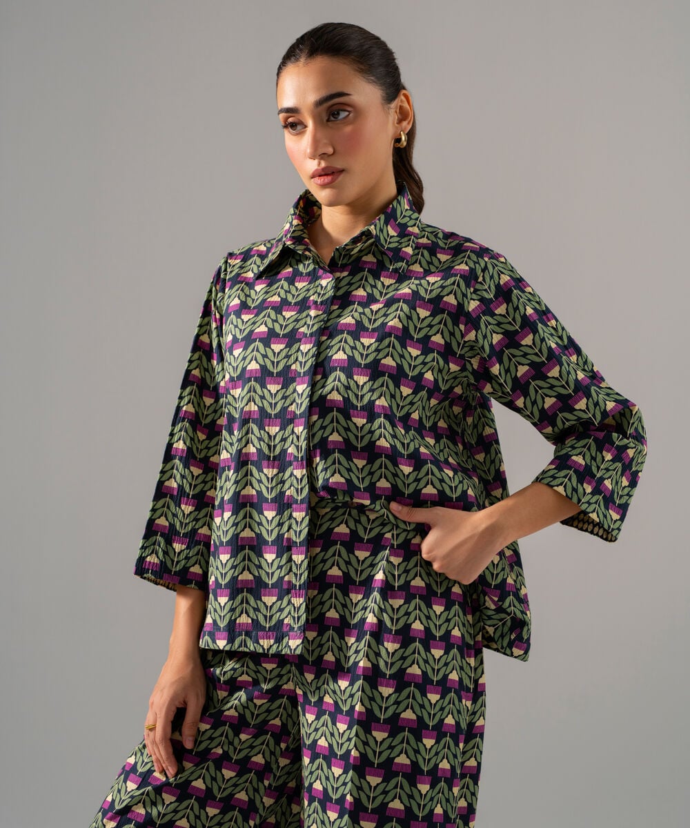 Women's RTW Seersucker Printed Black 2 Piece Suit