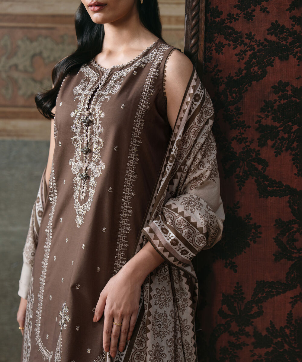 Women's Unstitched Lawn Embroidered Brown 3 Piece Suit