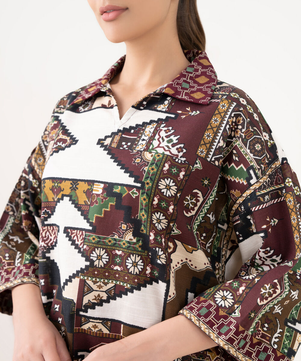 Women's RTW Cotton Embroidered Brown Drop Shoulder Shirt