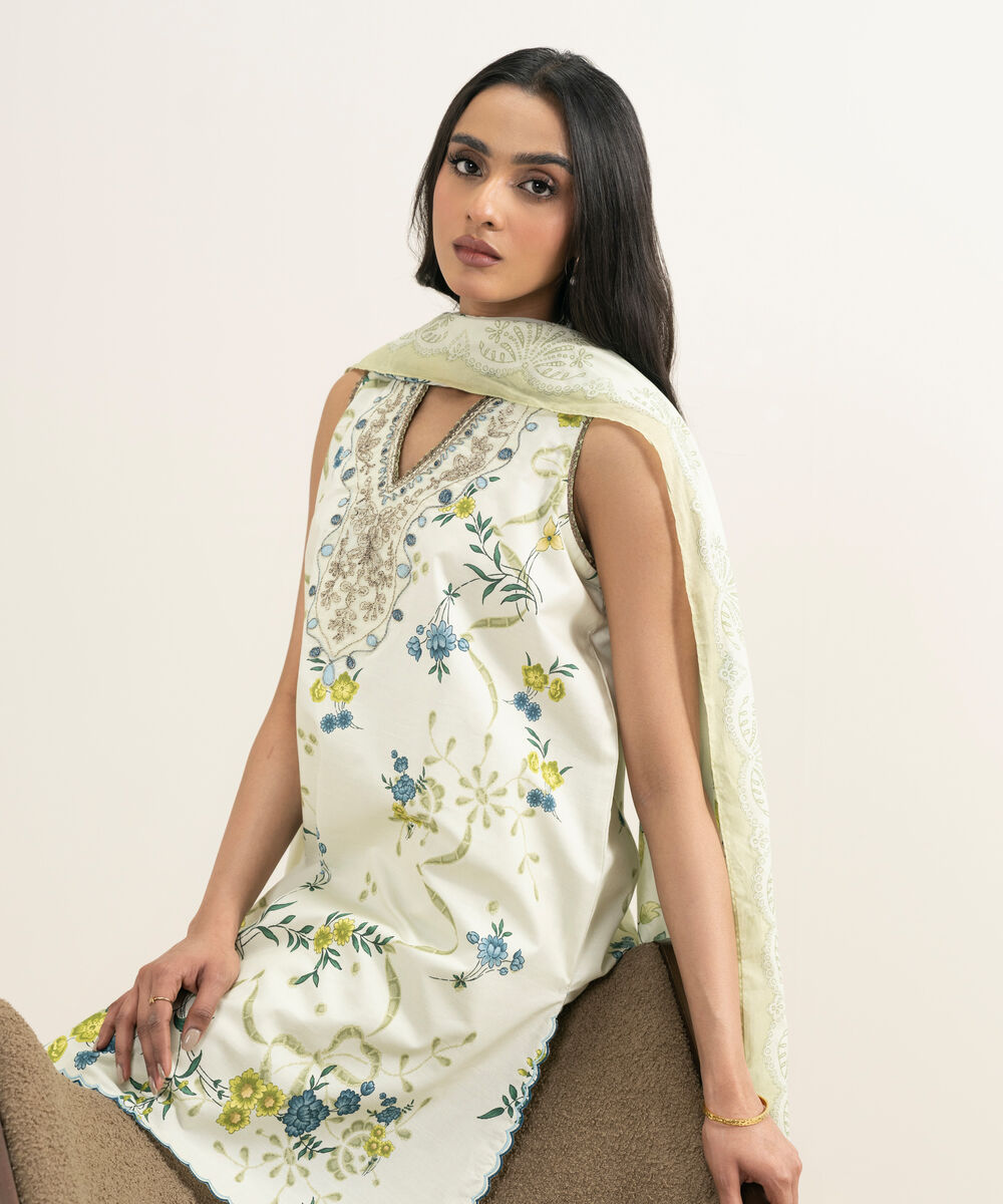 Women's Unstitched Lawn Embroidered Off White  3 Piece Suit