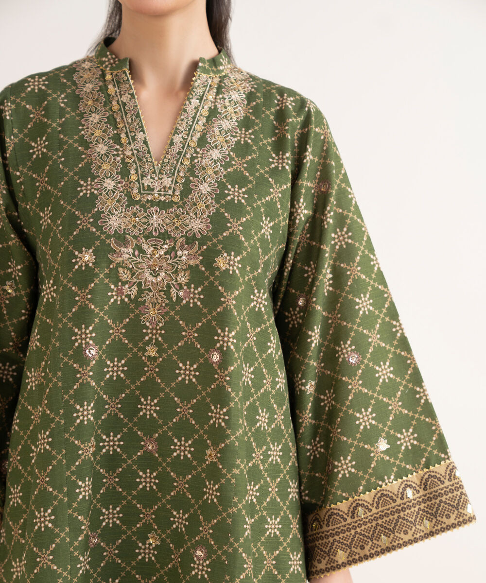 Women's Unstitched Embroidered Khaddar Green 3 Piece Suit