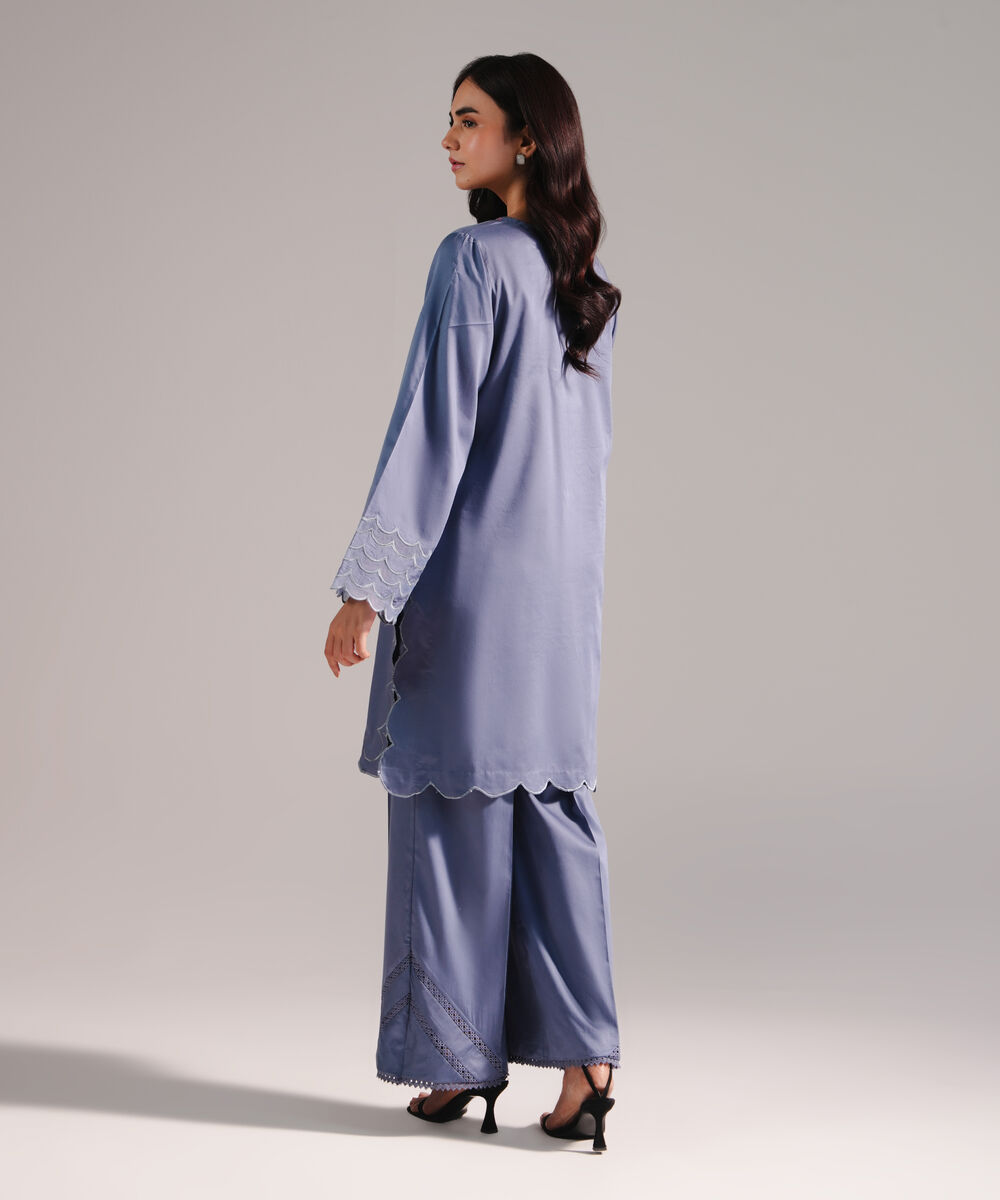 Women's RTW Cotton Satin Embroidered Steel Blue 2 Piece Suit