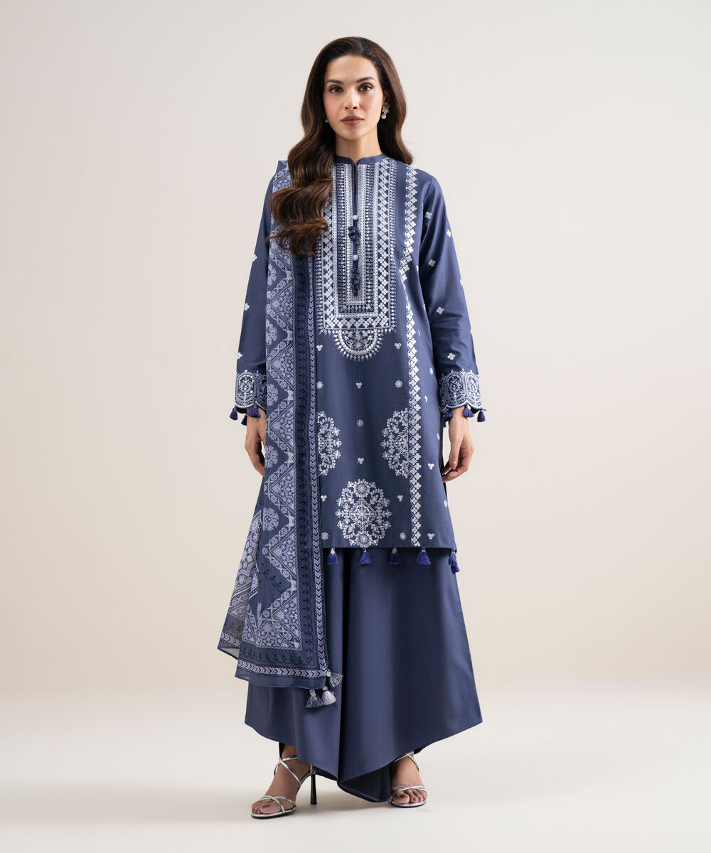 Women's Unstitched Lawn Embroidered Blue 3 Piece Suit