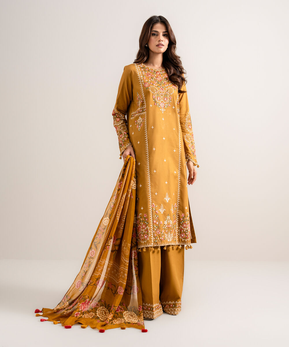 Women's Unstitched Embroidered Cotton Viscose Mustard 3 Piece Suit