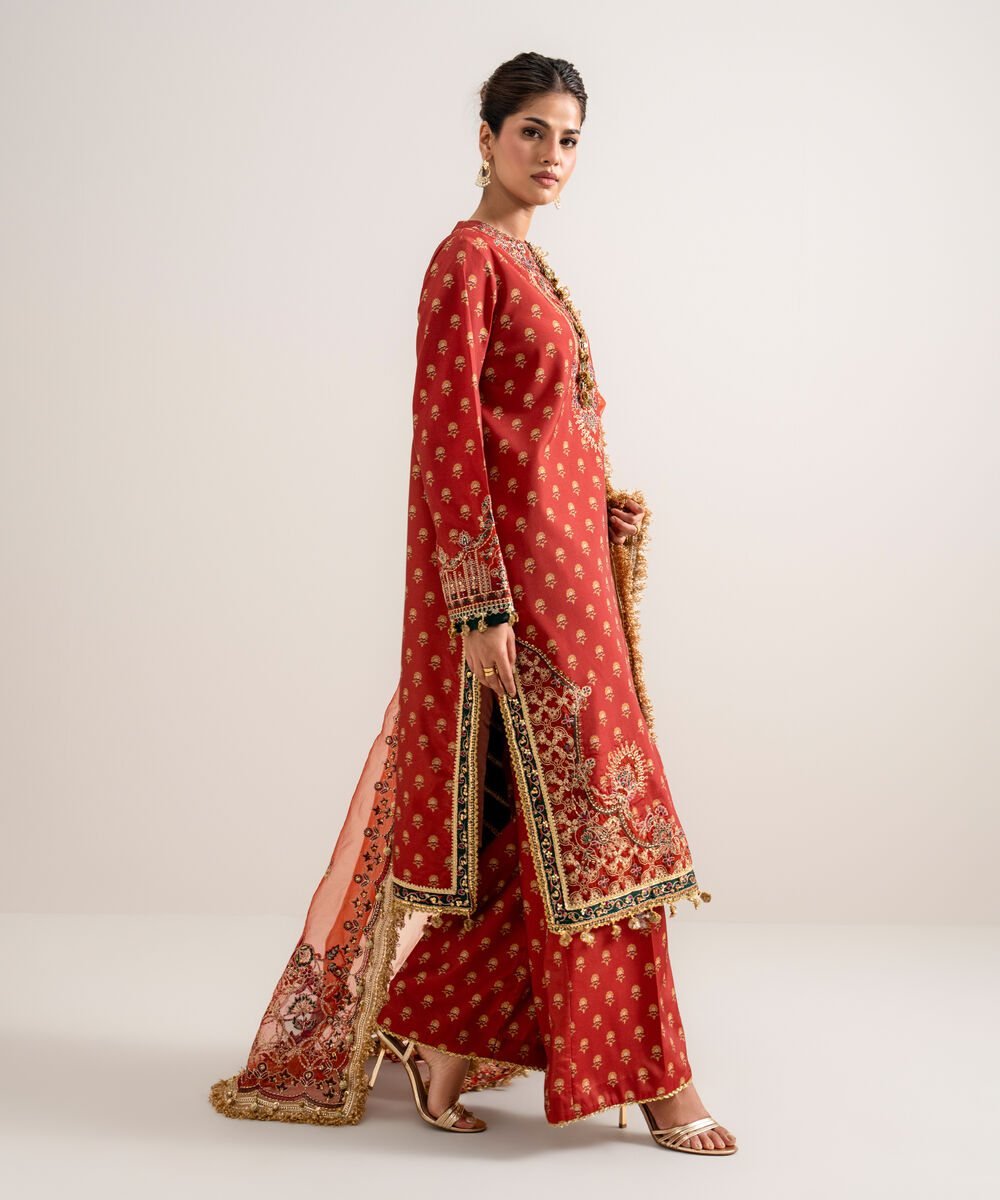 Women's Unstitched Printed Blended Grip Silk Orange 3 Piece Suit