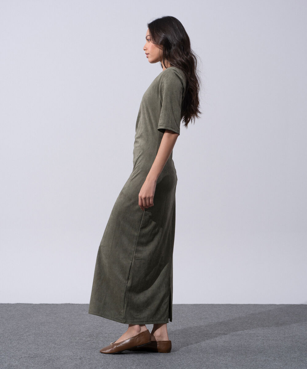 Women's Western Wear Green Polyester Pleated Faux Suede Long Dress