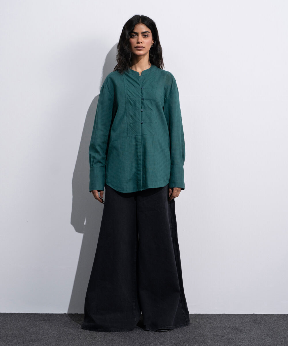 Women's Green Textured Shirt With Yoke Detail