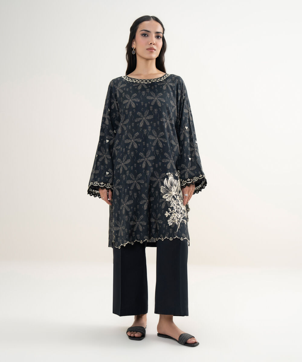 Women's RTW Viscose Raw Silk Embroidered Black Straight Shirt