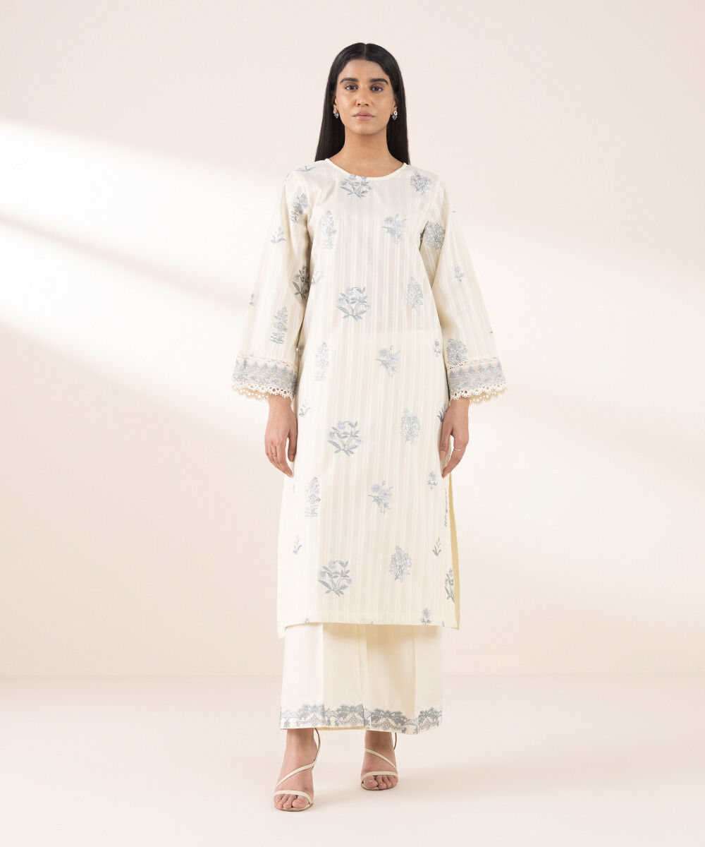 Women's RTW Dobby Beige Embroidered A-Line Shirt