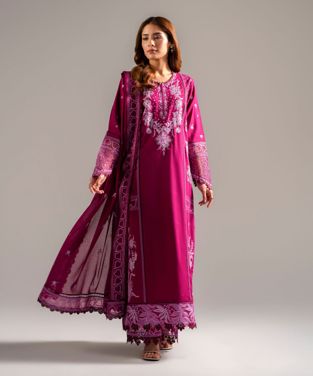 Women's RTW Dobby Embroidered Purple 3 Piece Suit