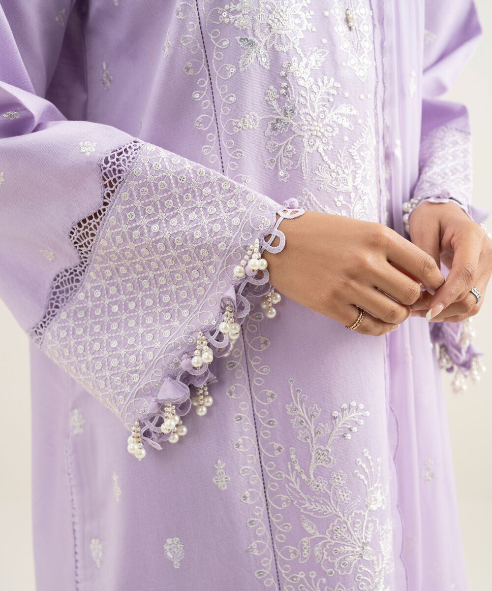 Women's Unstitched Cotton Net Embroidered Purple 3 Piece Suit