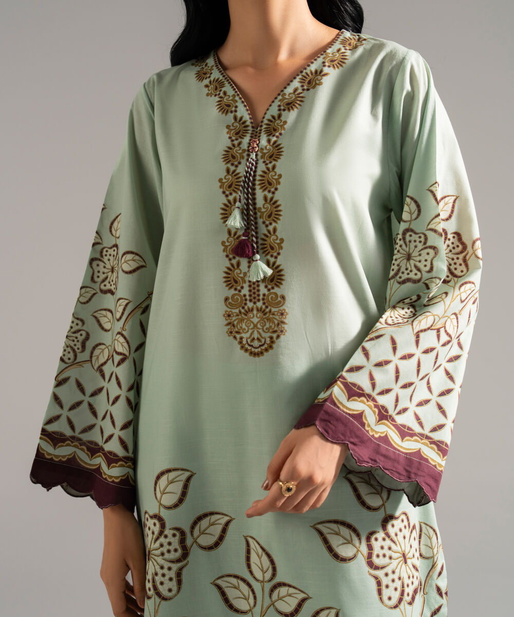 Women's RTW Slub Lawn Printed Green 3 Piece Suit