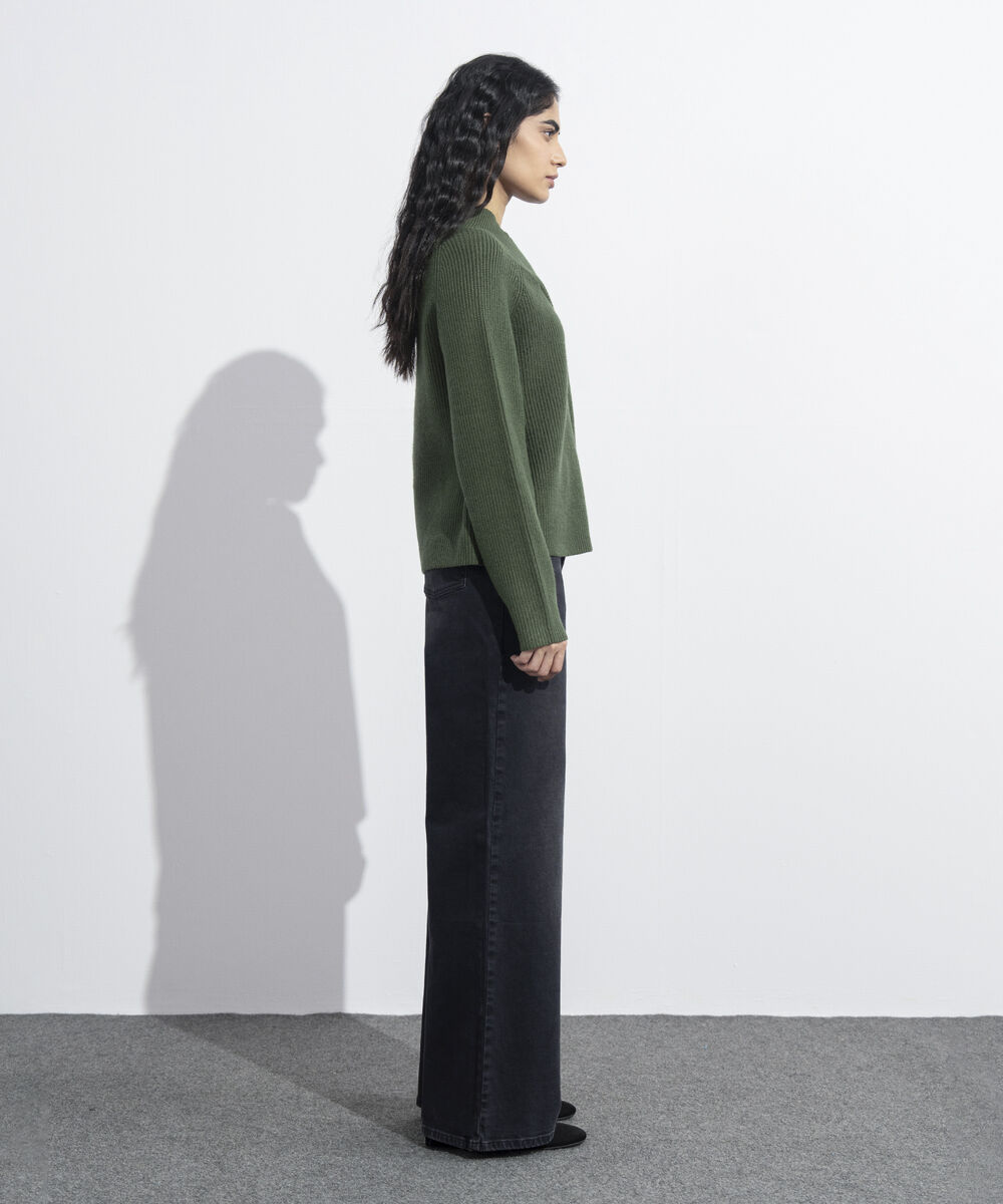 Women's Western Wear Olive Cross-Over High Neck Sweater