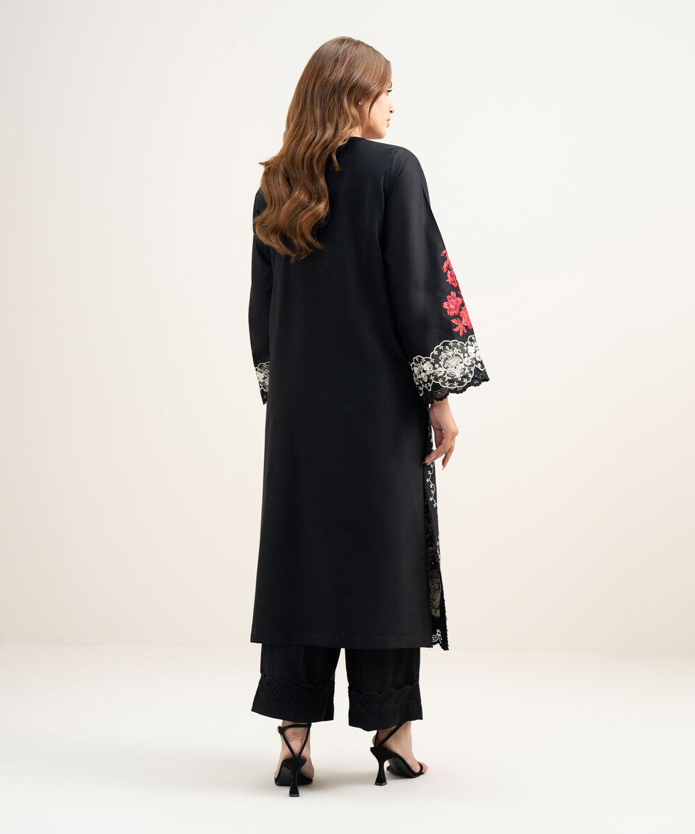 Women's RTW Viscose Thai Silk Embroidered Black 2 Piece Suit