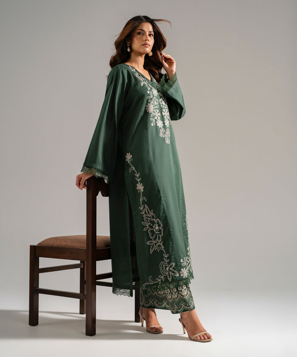 Women's RTW Dobby Embroidered Green 2 Piece Suit