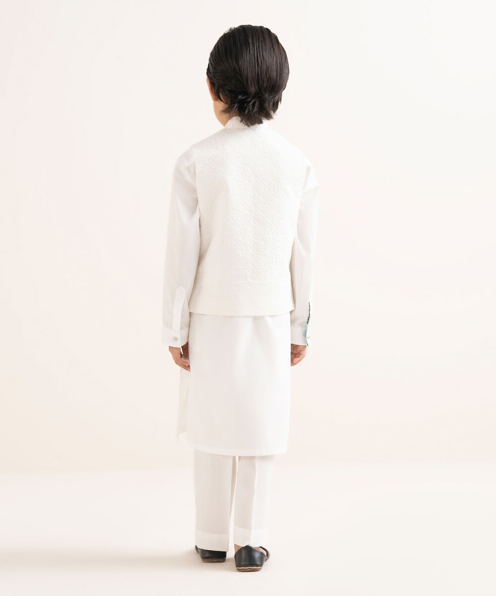 Boy's Stitched Premium Cotton Off White Waistcoat