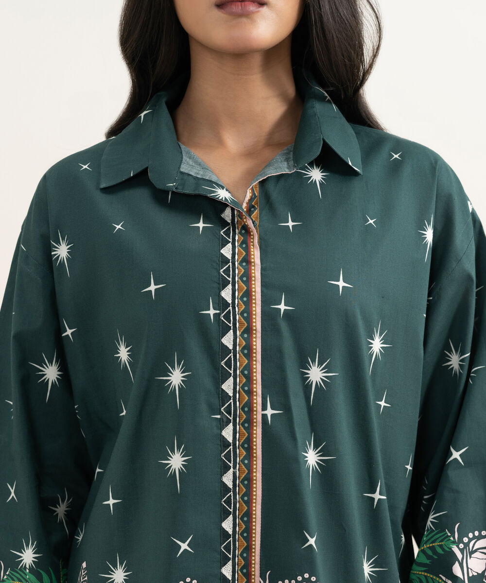 Women's RTW Cambric Embroidered Green Boxy Shirt
