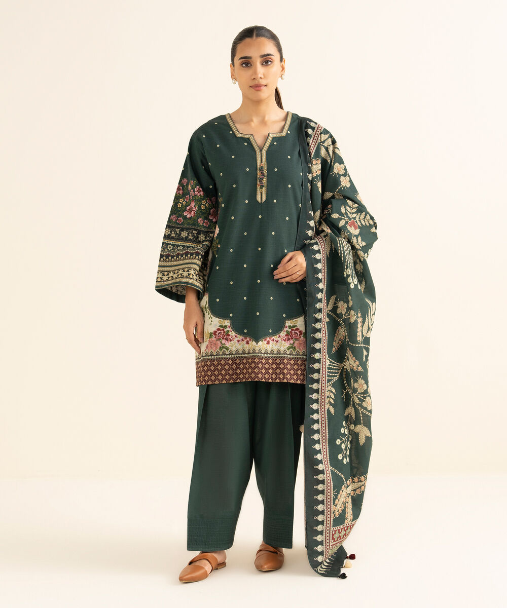 Women's Unstitched Light Khaddar Printed Green 3 Piece Suit