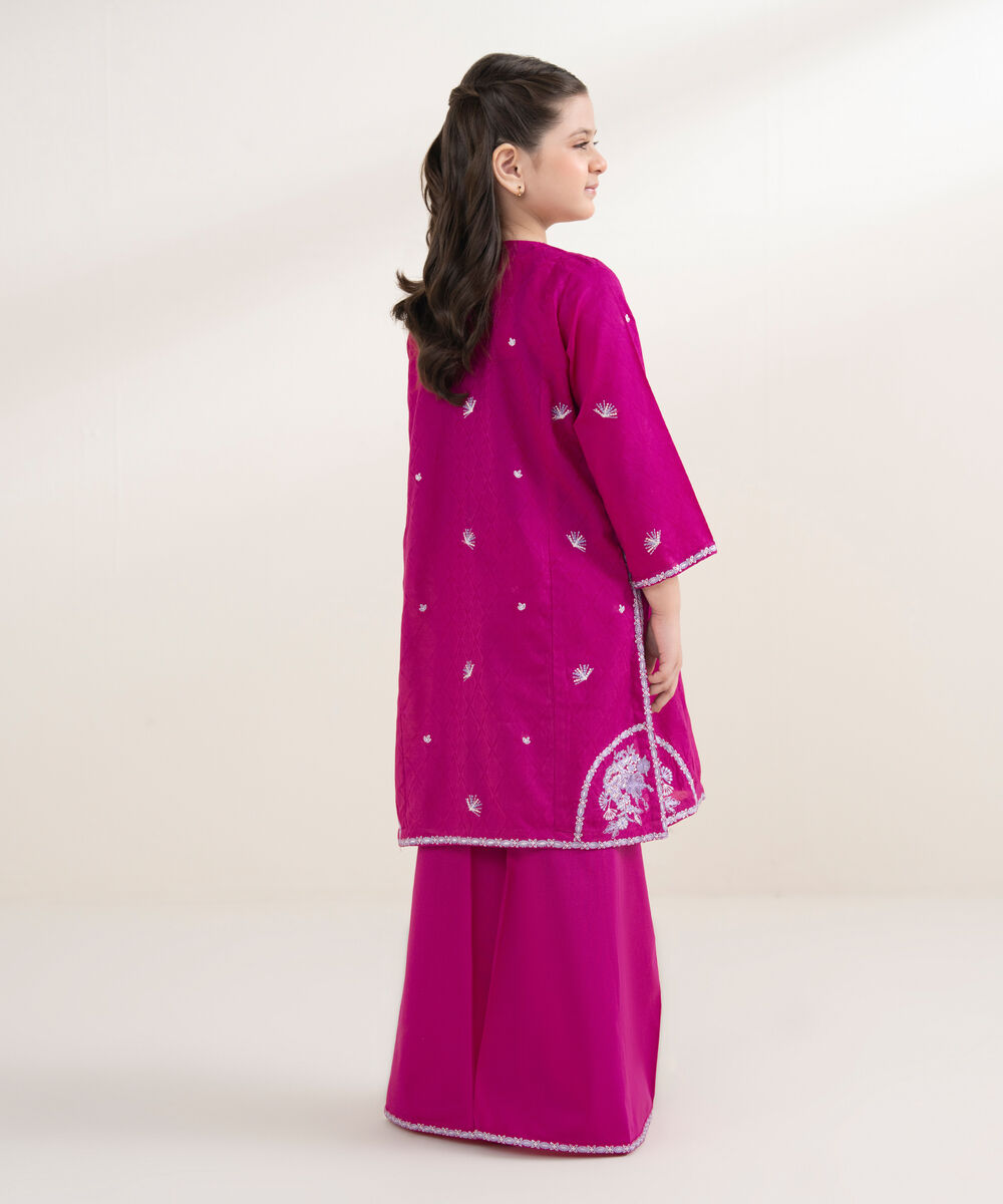 Girl's Self Jacquard Embroidered Pink 2 Piece Suit