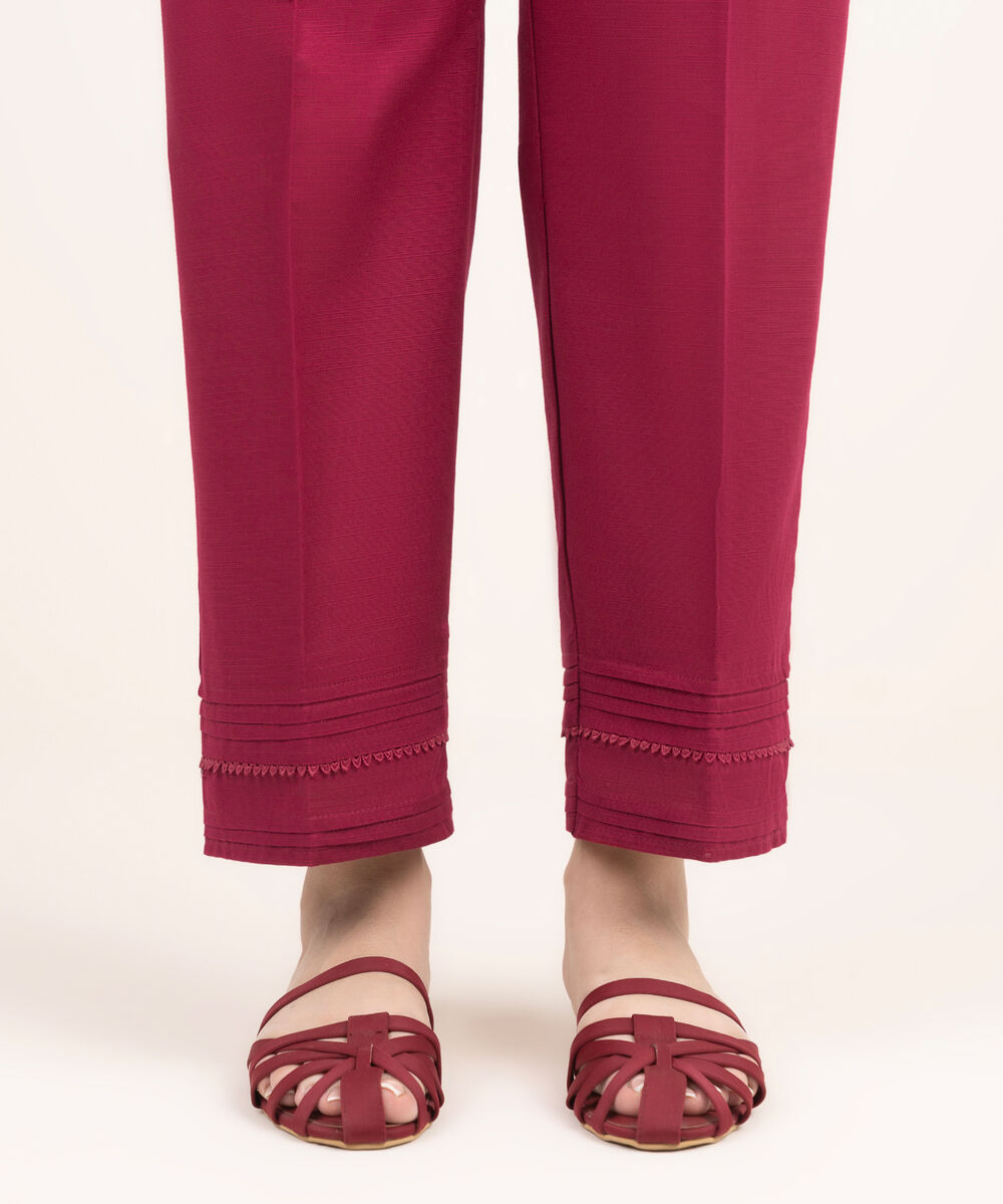Women's RTW Khaddar Solid Red Straight Pants
