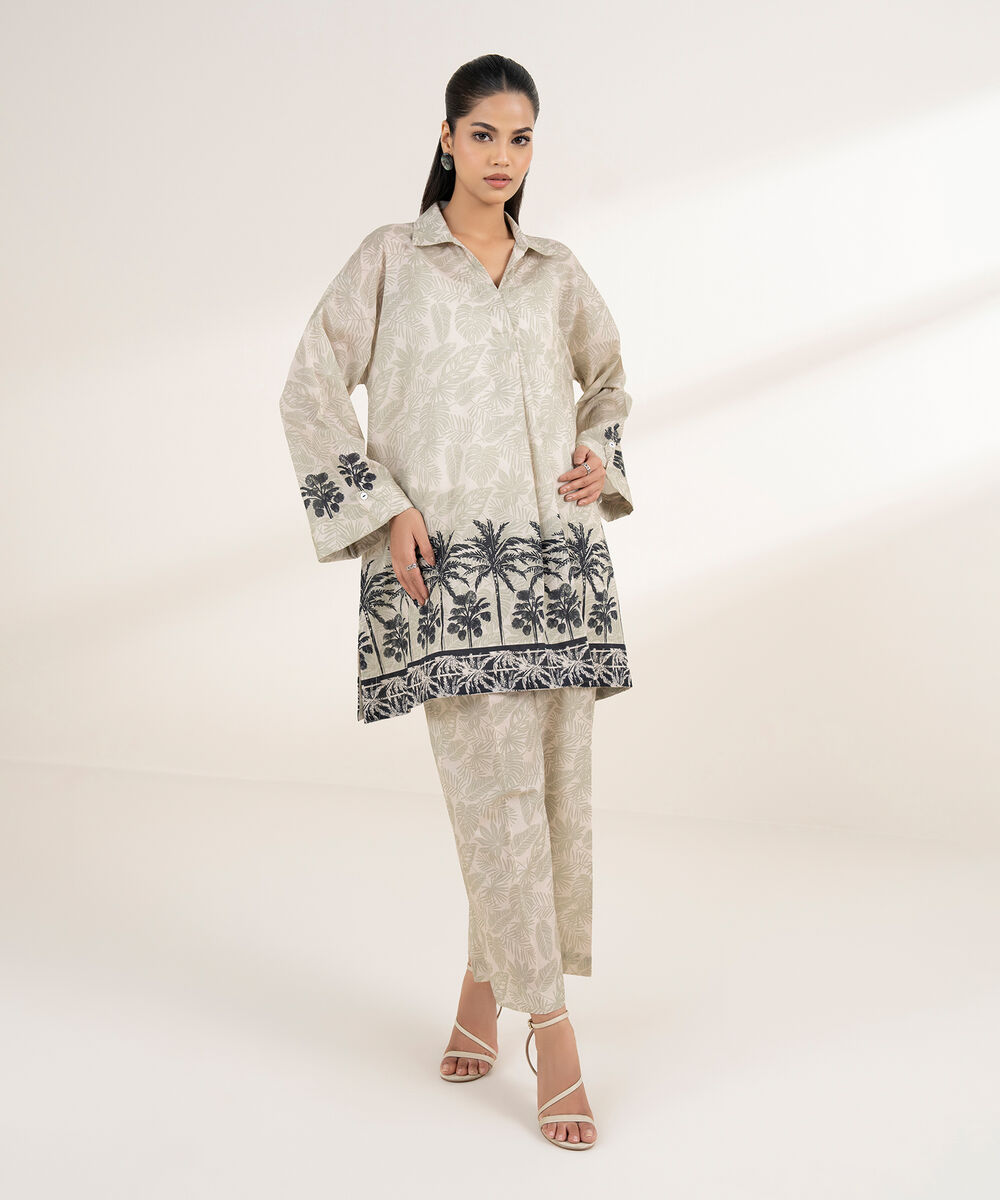 Women's RTW Lawn Beige Printed Boxy Shirt