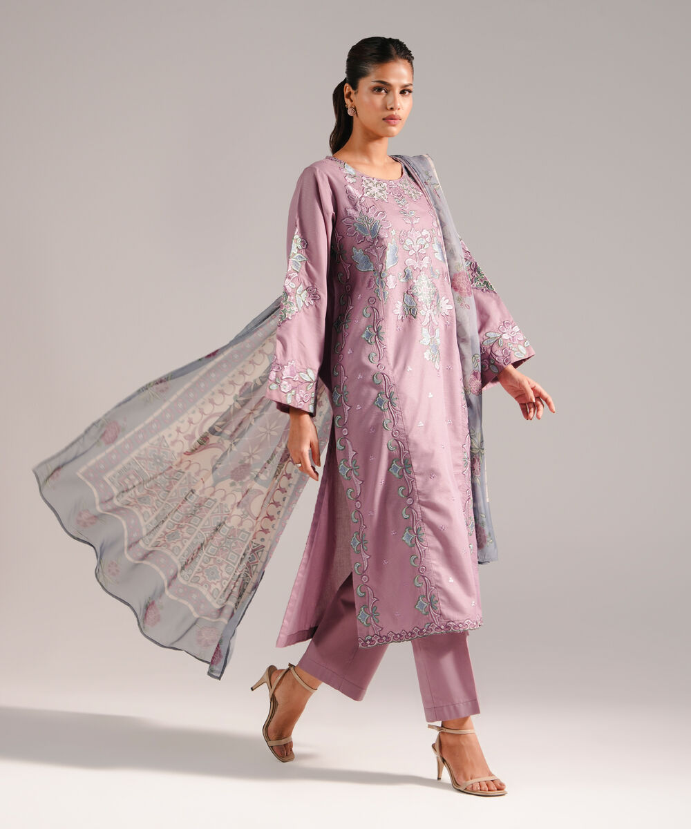 Women's RTW Zari Lawn Embroidered Lavender 3 Piece Suit