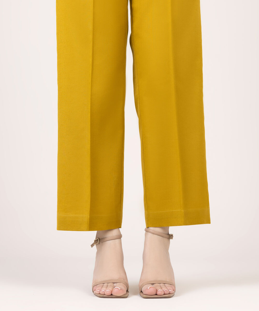 Women's RTW Cotton Linen Yellow Solid Straight Pants