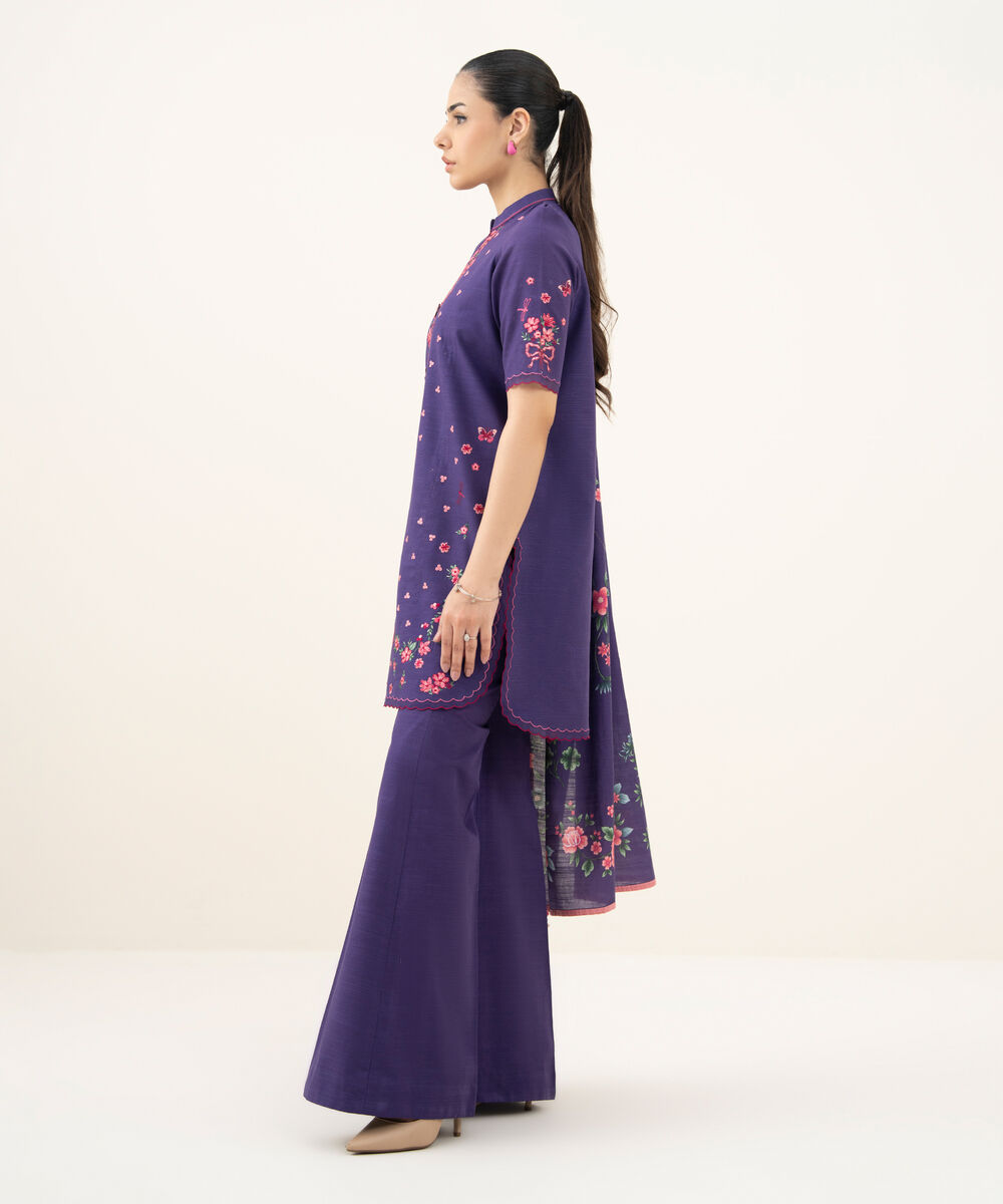 Women's Unstitched Embroidered Khaddar Purple and Pink 3 Piece Suit
