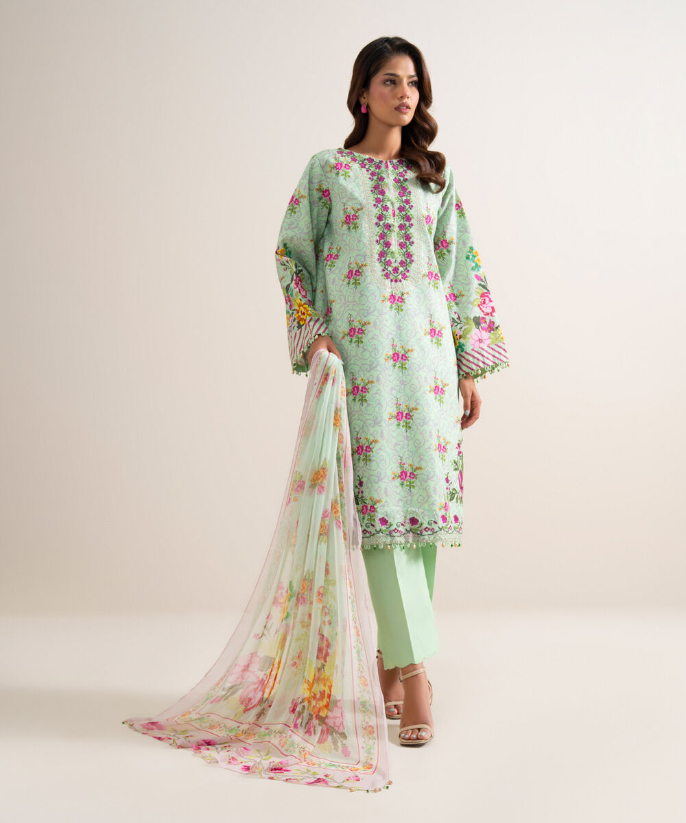 Women's Unstitched Zari Cotton Embroidered Green 3 Piece Suit