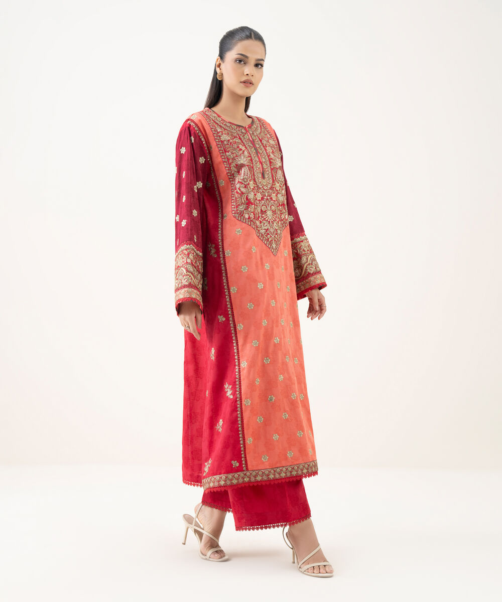 Women's RTW Cotton Jacquard Red Embroidered A-Line Shirt