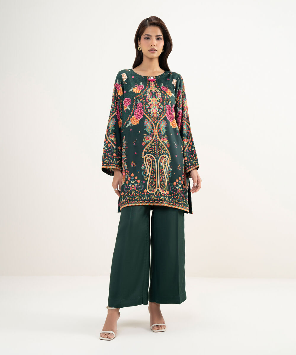 Women's RTW Premium Visocose Satin Printed Dark Green 2 Piece Suit