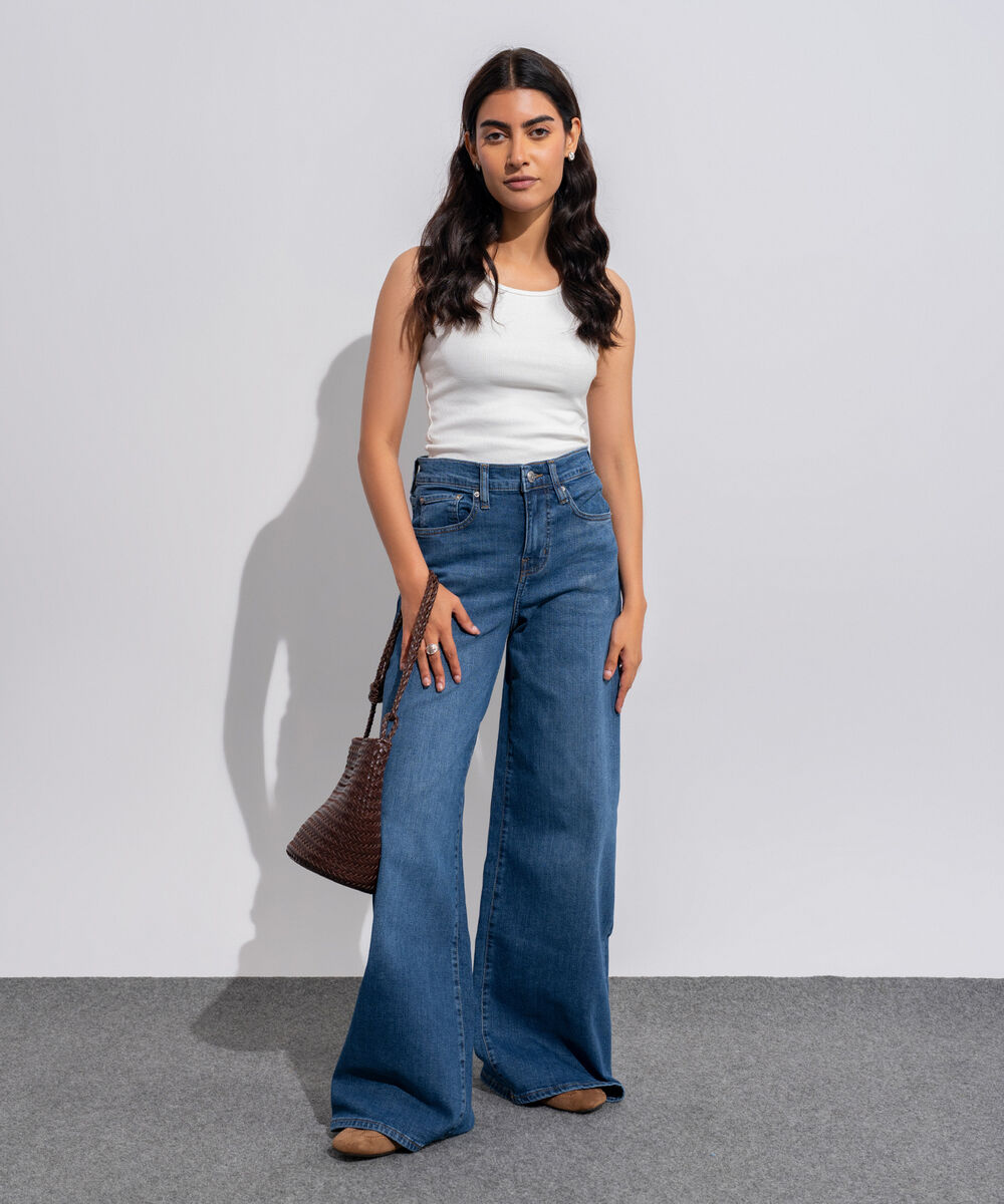 Women's Western Wear Denim Wide Leg Fit Indigo Blue - Dark Worn Jeans