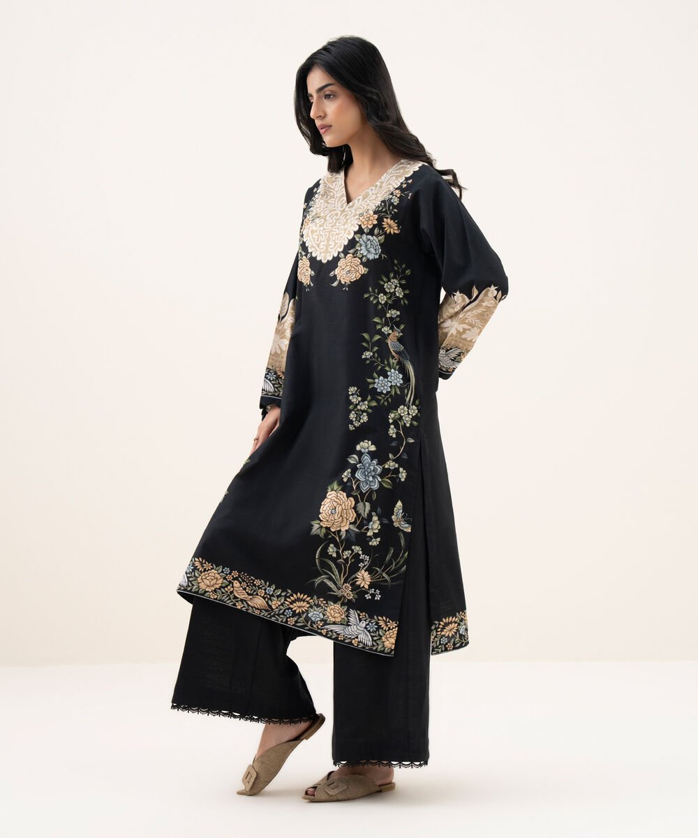 Women's RTW Khaddar Printed A-Line Black Shirt