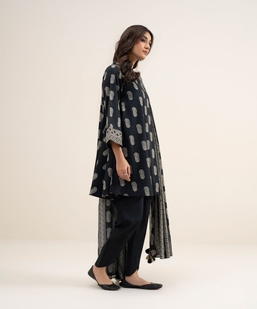 Women's Unstitched Lawn Printed Off White and Black 3 Piece Suit