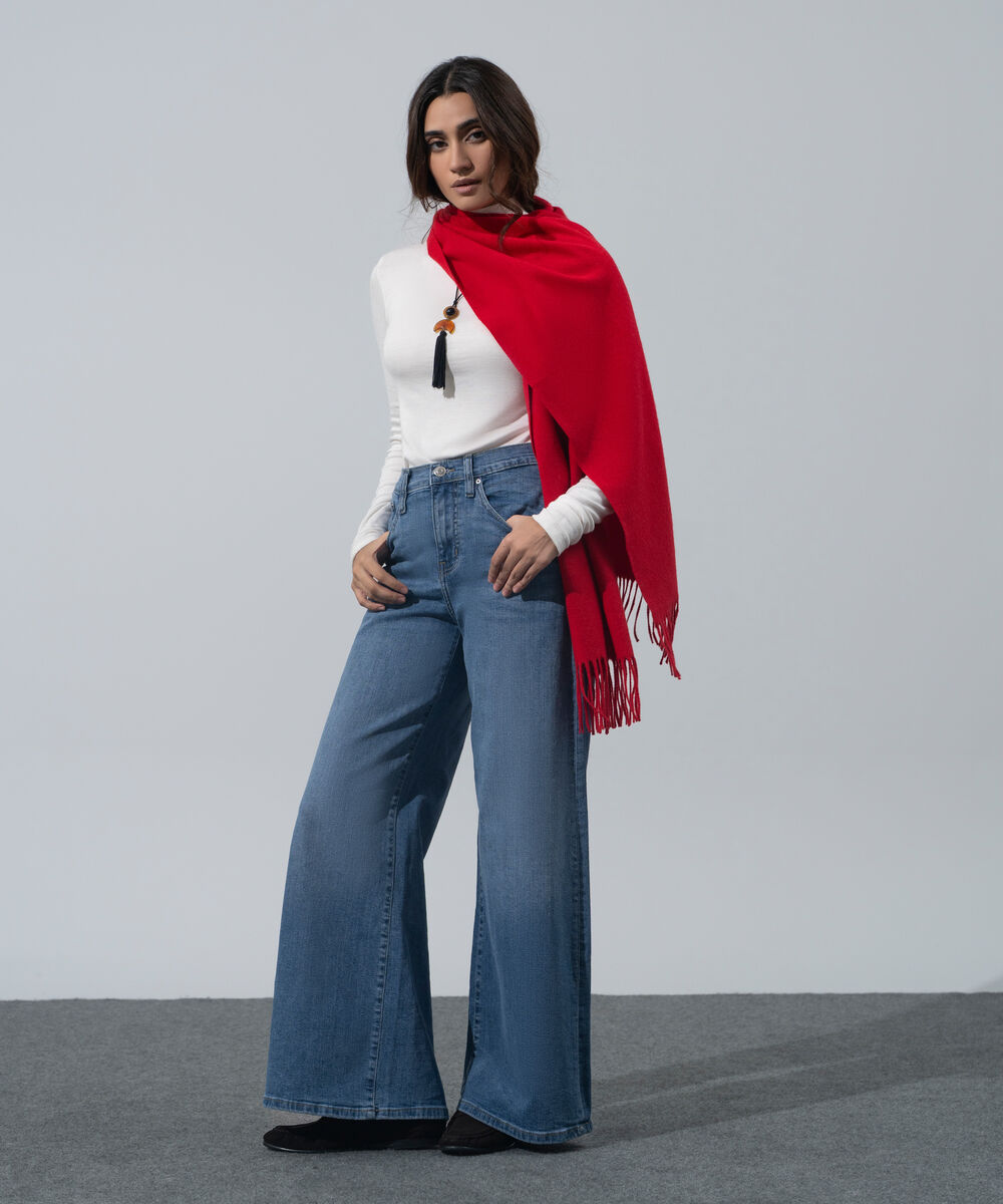Women's Western Wear Red Polyester Solid Woolen Scarf