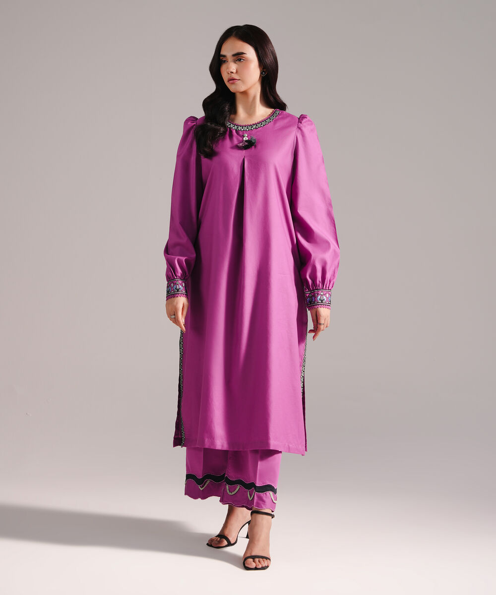 Women's RTW Cotton Satin Embroidered Purple 2 Piece Suit