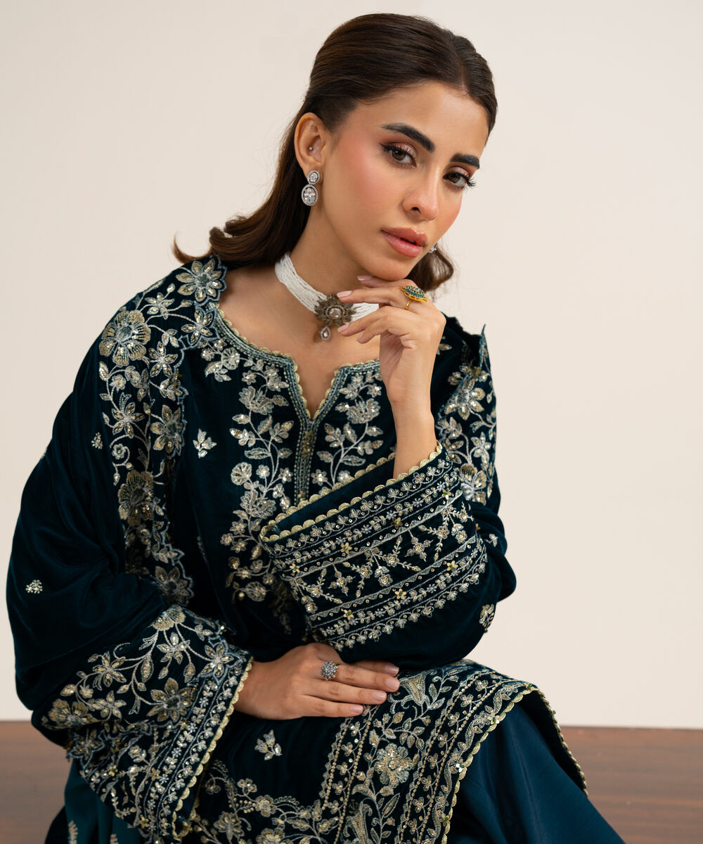 Women's Unstitched Velvet Embroidered Dark Blue 3 Piece Suit