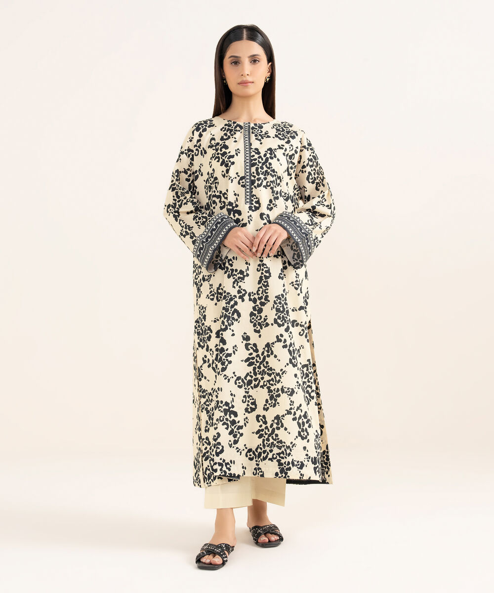 Women's RTW Cambric Off White Printed A-Line Shirt