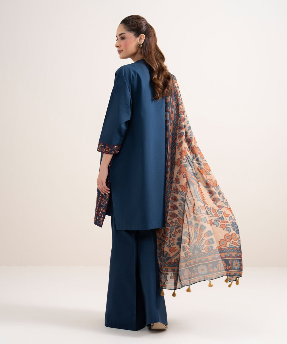 Women's Unstitched Textured Lawn Embroidered Blue 3 Piece Suit