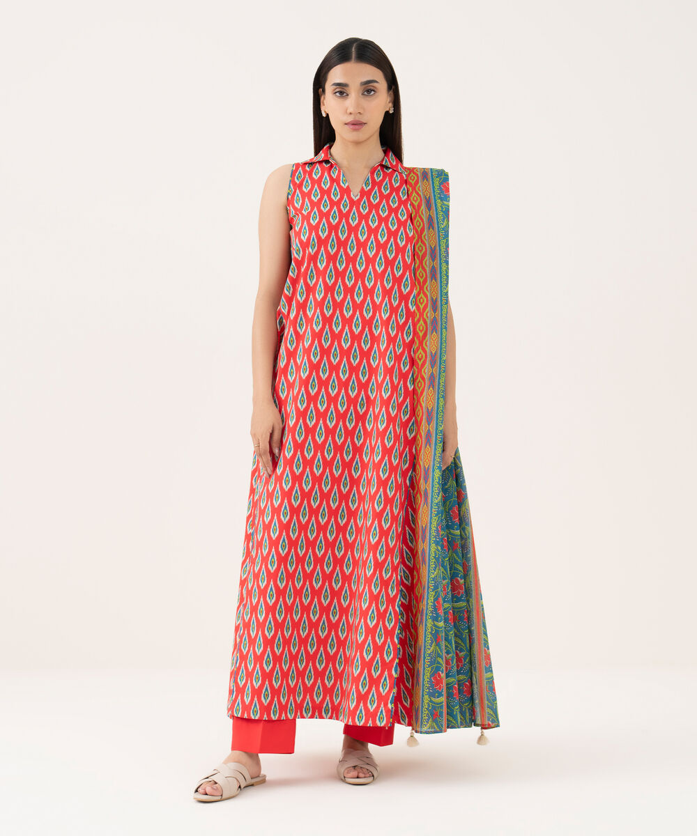 Women's Unstitched Cotton Printed Red 3 Piece Suit