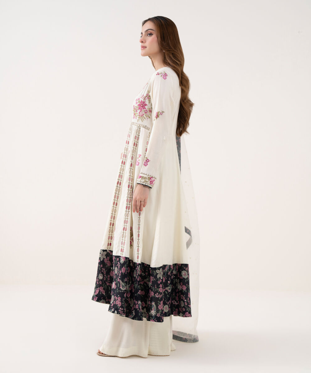 Women's RTW Viscose Raw Silk Embroidered White Three Piece Suit