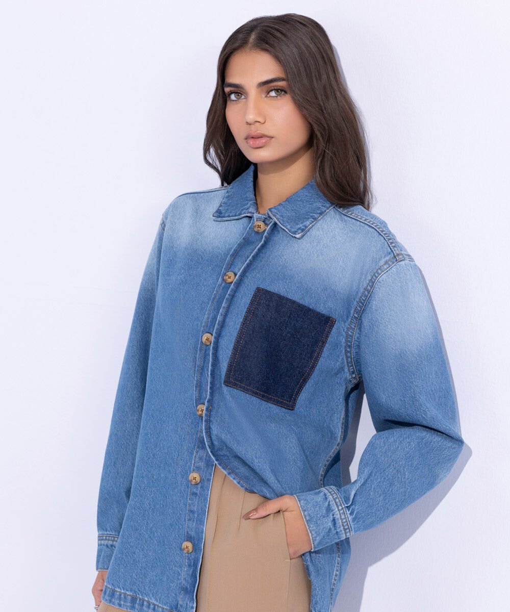 Woman - Blue Denim Overshirt with Contrasting Pocket