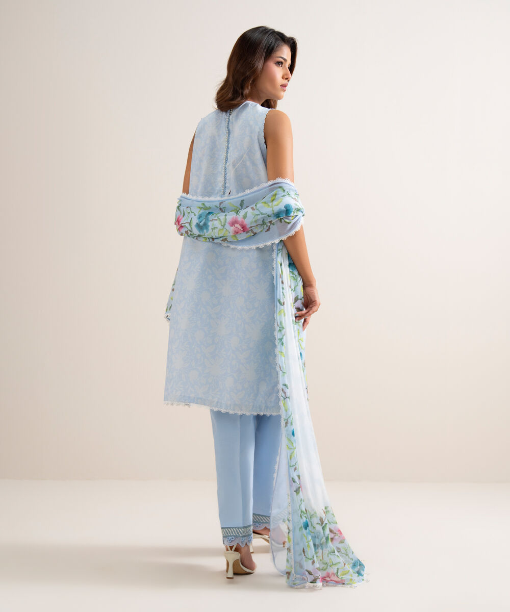 Women's Unstitched Zari Cotton Embroidered Blue 3 Piece Suit