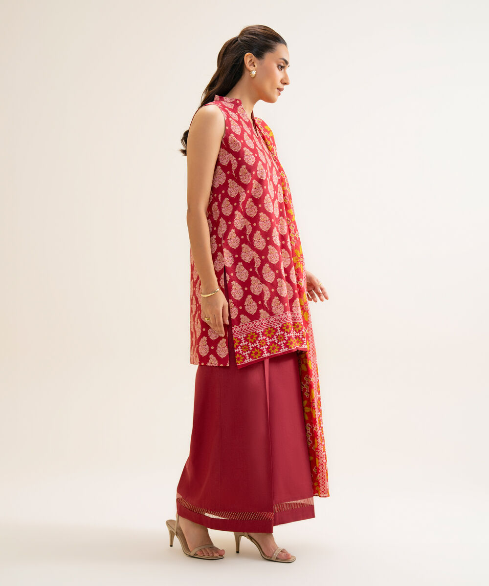 Women's Unstitched Cotton Viscose Printed Red 3 Piece Suit