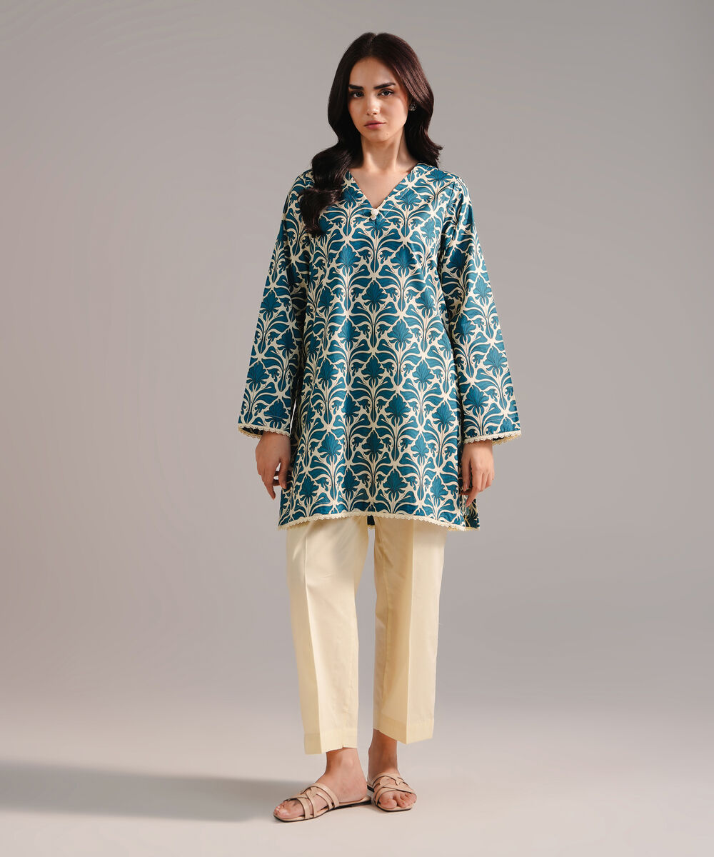 Women's RTW Cambric Printed Cream  2 Piece Suit