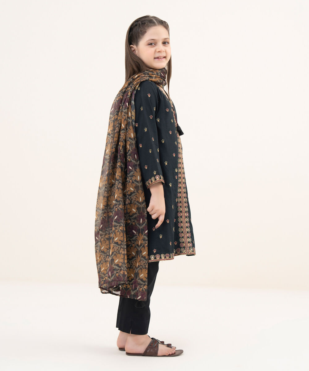 Girls Two Piece Embroidered Textured Lawn Shirt Dupatta