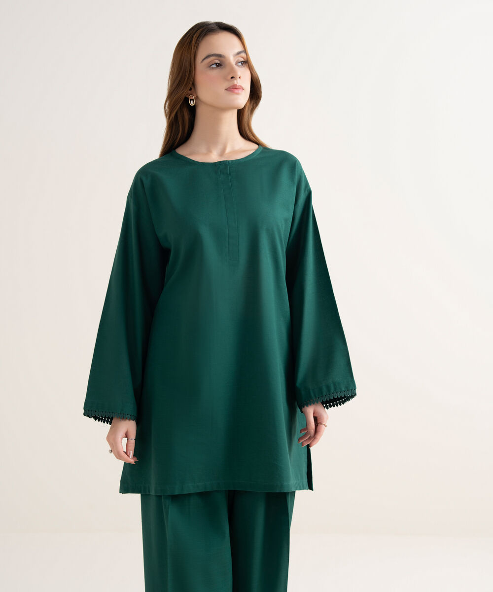Women's RTW Textured Cotton Solid Boxy Green Shirt