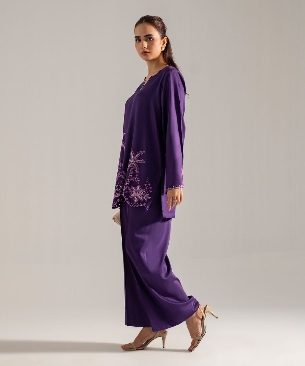 Women's RTW Solid Embroidered Purple Bedford Shirt