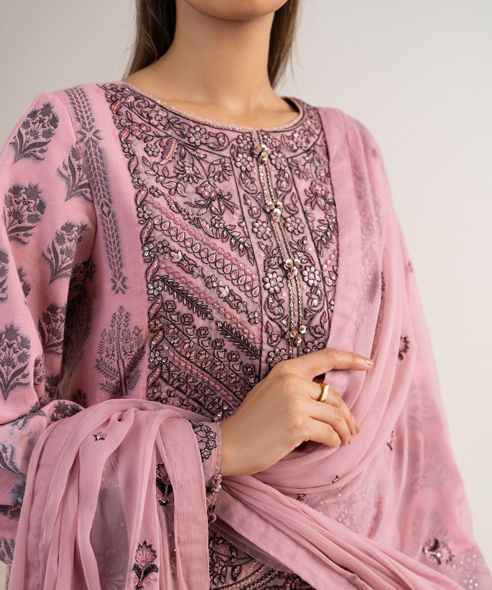 Women's Unstitched Extra Weft Jacquard Embroidered Pink